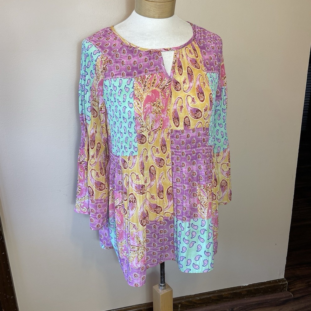 Sunny Leigh Womens Patchwork Paisley Crinkle Tunic Top Pink Yellow M